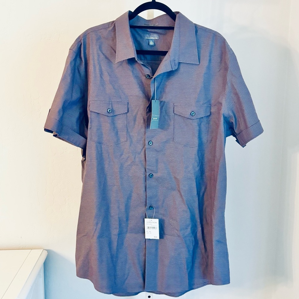 Calibrate Men’s Short Sleeve Double Flap Pocket Button Down, Plum Stripe, XXL